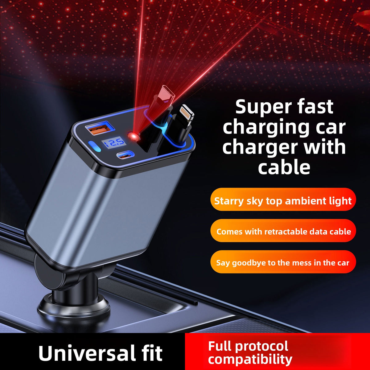 Cargador para coche con cable retractil y carga rapida de 120 W